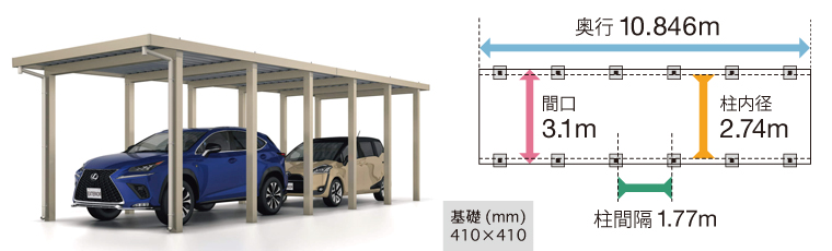 三協アルミG1-R ２台用150cm奥行連結12本柱