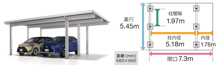 三協アルミG1-R4 ２台用150cm間口延長６本柱
