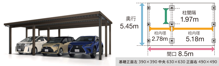 三協アルミG1-R ３台用150cm間口連結９本柱